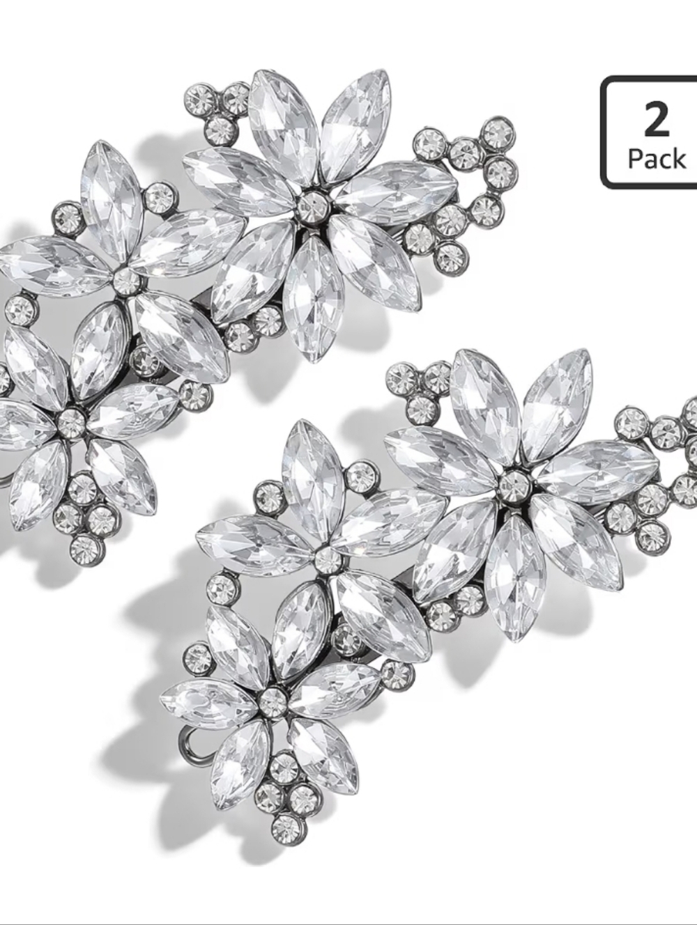 Silver Crystal Rhinestone Floral Hair Clips - 2 Pack